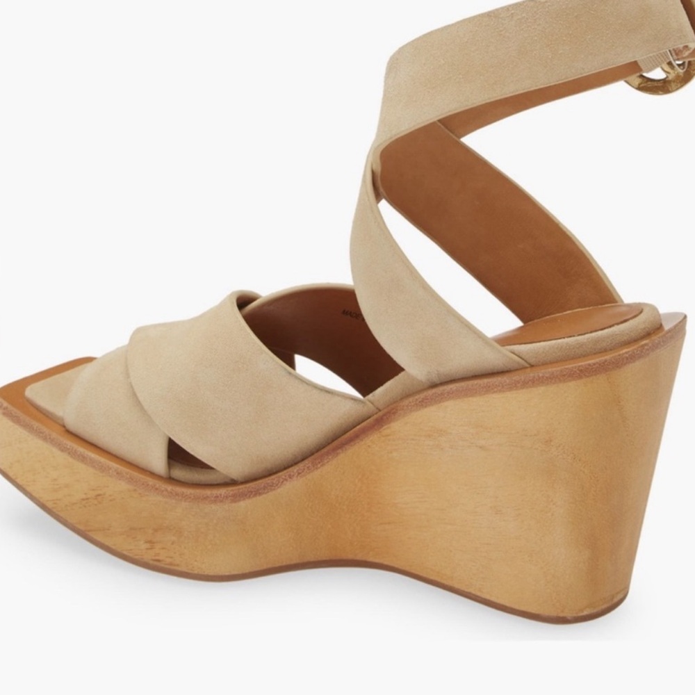 New! Rag & Bone Santiago Crisscross Wood Wedge Sandals Tan Suede Strap - Picture 6 of 11